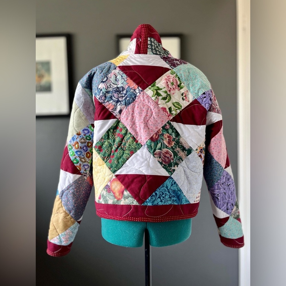 Handmade patchwork quilt cardigan, cropped shawl collar jacket, ladies' XS-M - Picture 5 of 11